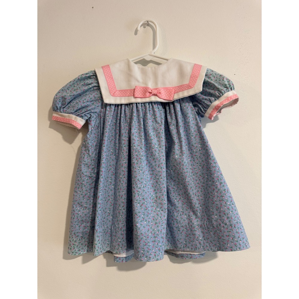 Coming Thing Vintage Floral Sailor Dress Toddler 24M Blue Pink Bow Collar girls